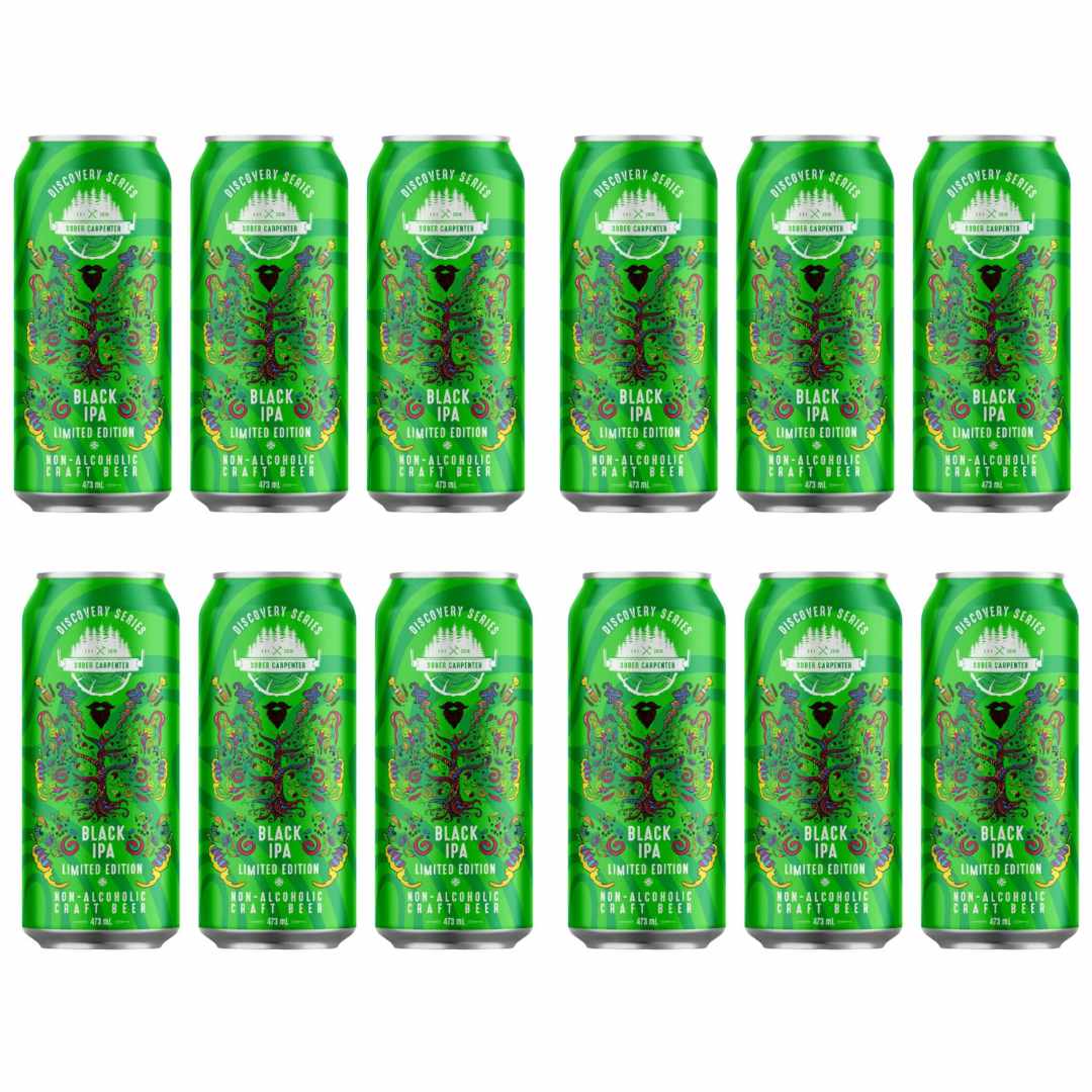 12 Pack of Sober Carpenter Black IPA beer cans on a white background