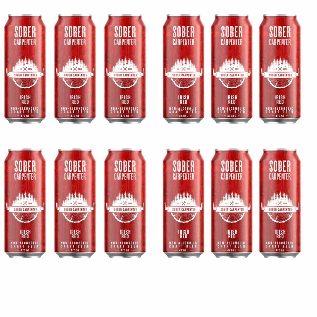 12 pack of cans of Sober Carpenter Irish Red on a white background