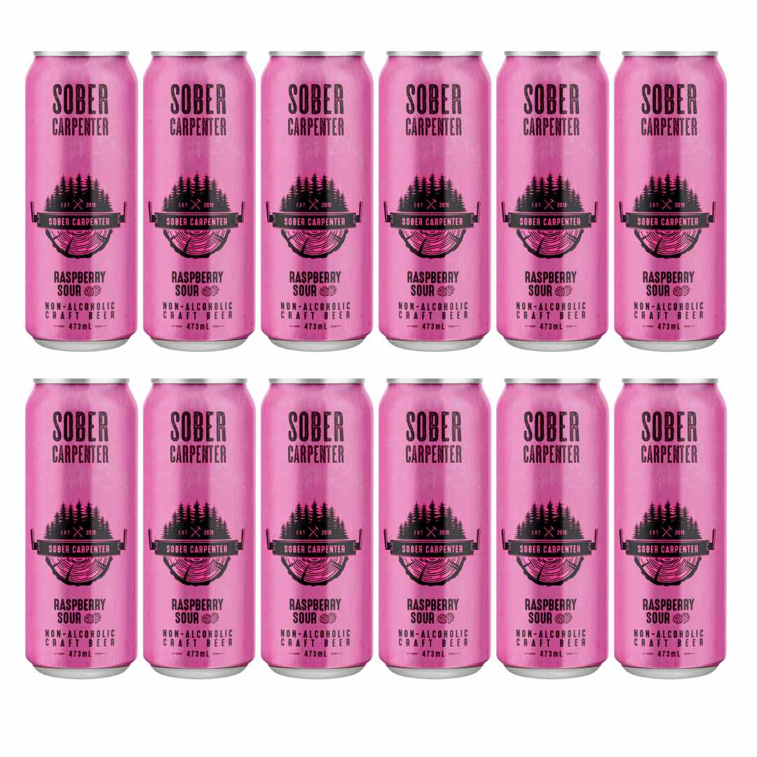 12 pack of Sober Carpenter Raspberry Sour beer cans on a white background