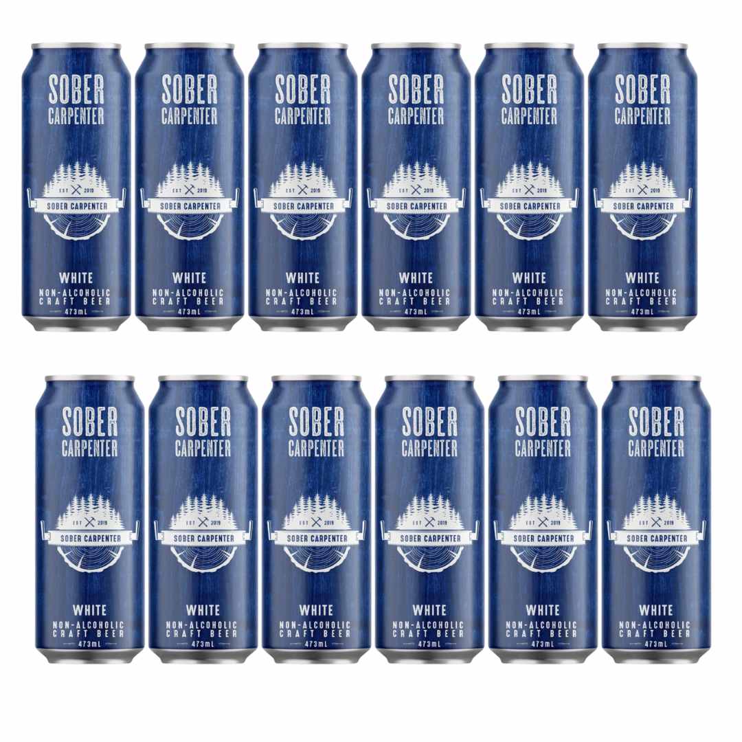 12 pack of cans of Sober Carpenter non-alcoholic Belgian white beer on a white background