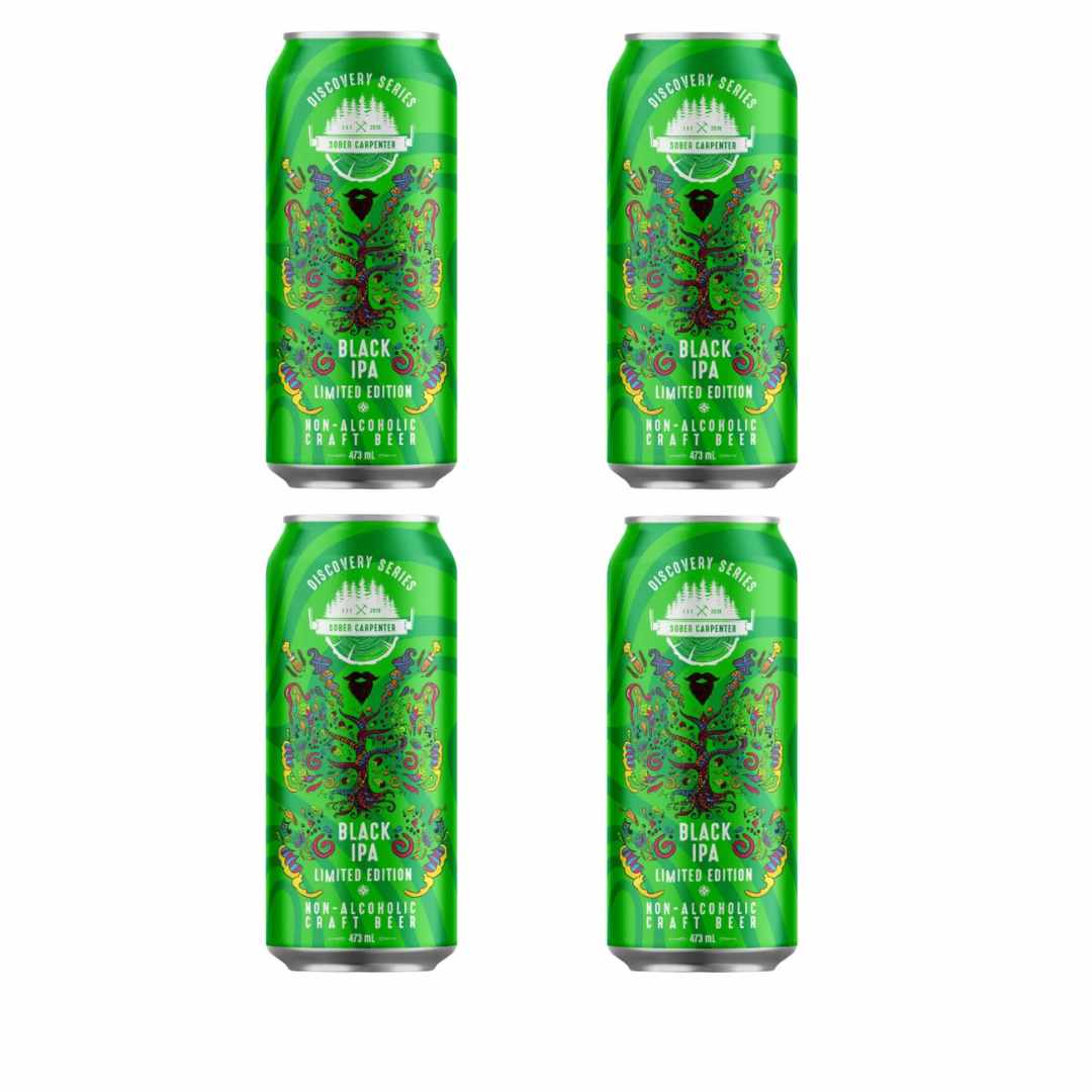 Four Sober Carpenter Black IPA beer cans with decorative green labels on a white background