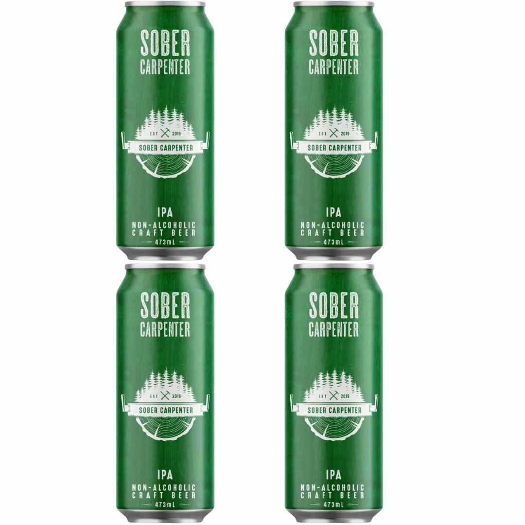 Four green cans of Sober Carpenter IPA Non-Alcoholic Craft Beer on a white background