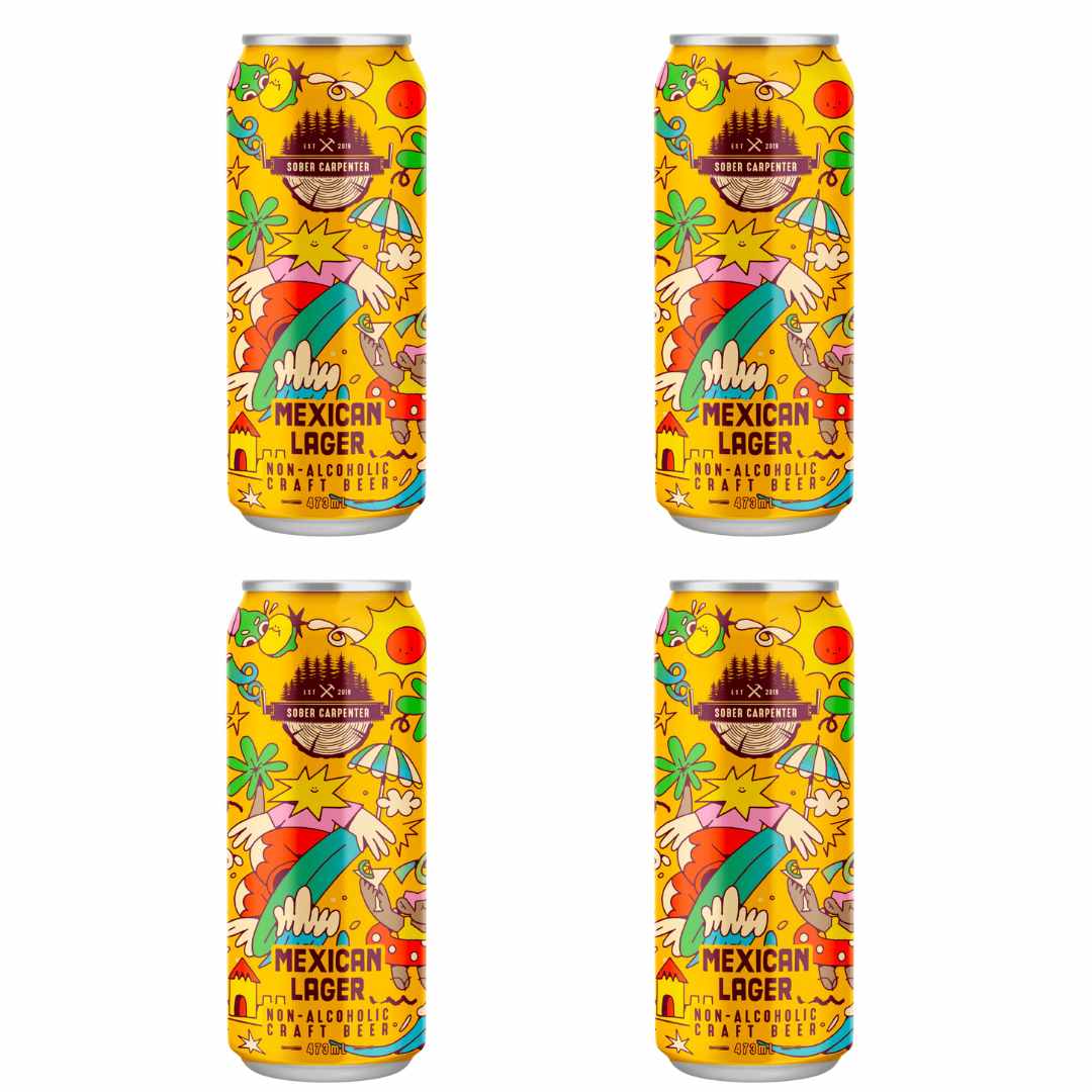 Four cans of Sober Carpenter non-alcoholic Mexican lager with colorful graphics on a white background