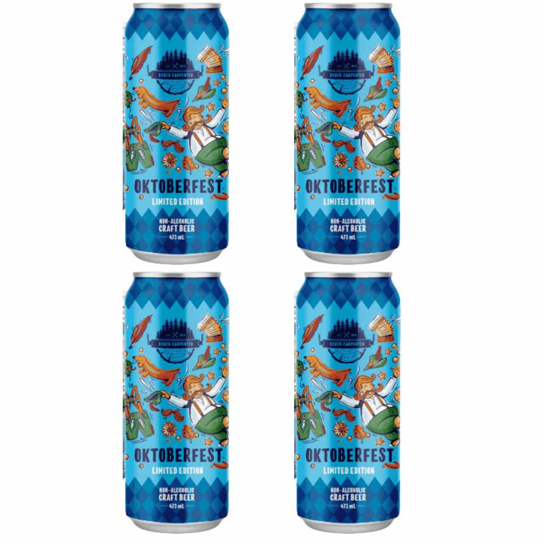 Four cans of Sober Carpenter Oktoberfest non-alcoholic craft beer on a white background
