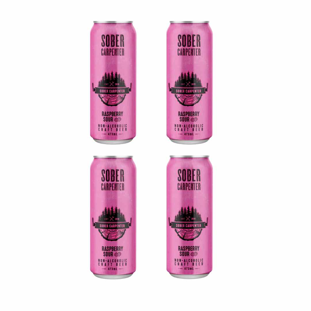 Four pink cans of Sober Carpenter Raspberry Sour Ale on a white background