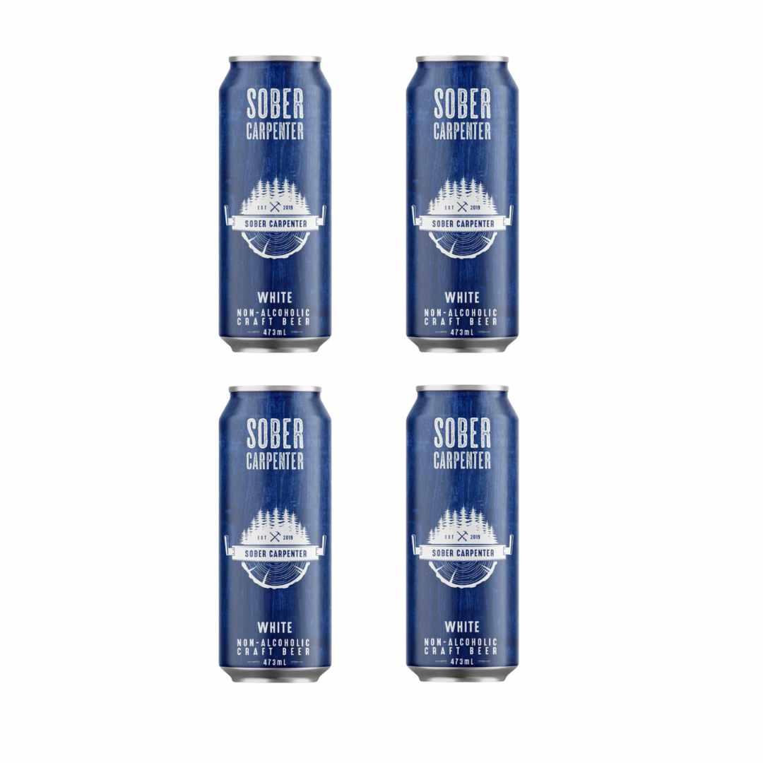 Four pack of cans of Sober Carpenter White Non-Alcoholic Craft Beer on a white background