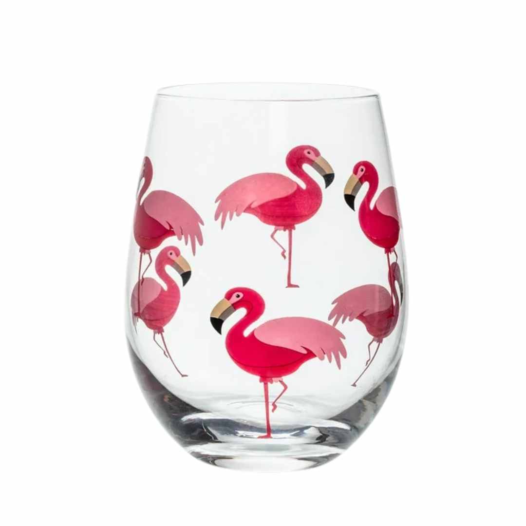 stemless wine glass with pink flamingo pattern