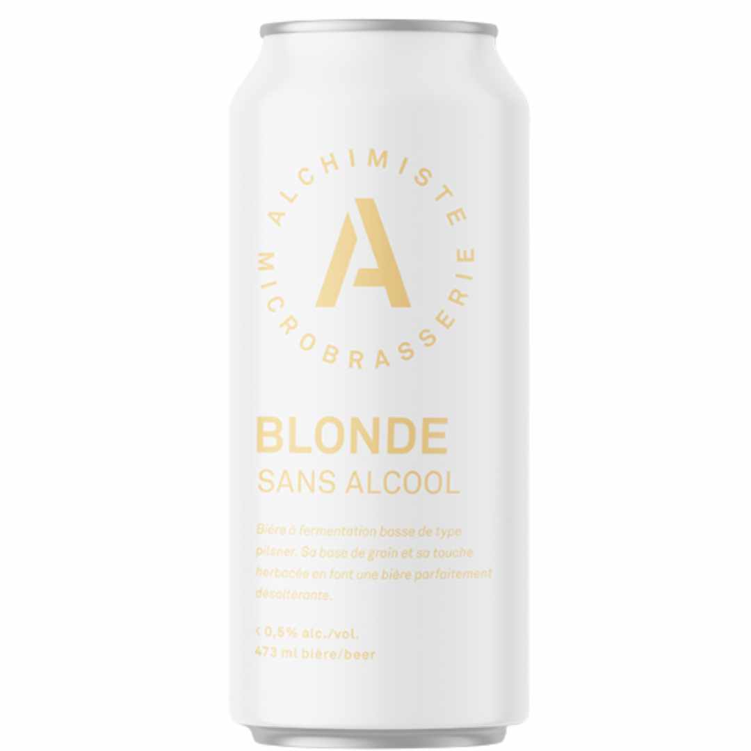 White can of Alchimiste Blonde non alcoholic beer with gold text and logo on a white background