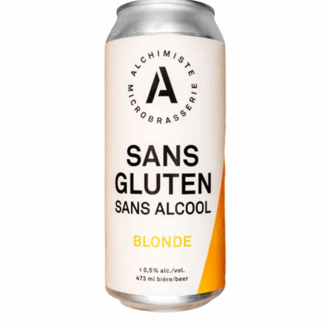 Can of Alchimiste Microbrasserie gluten-free, alcohol-free blonde beer on a white background