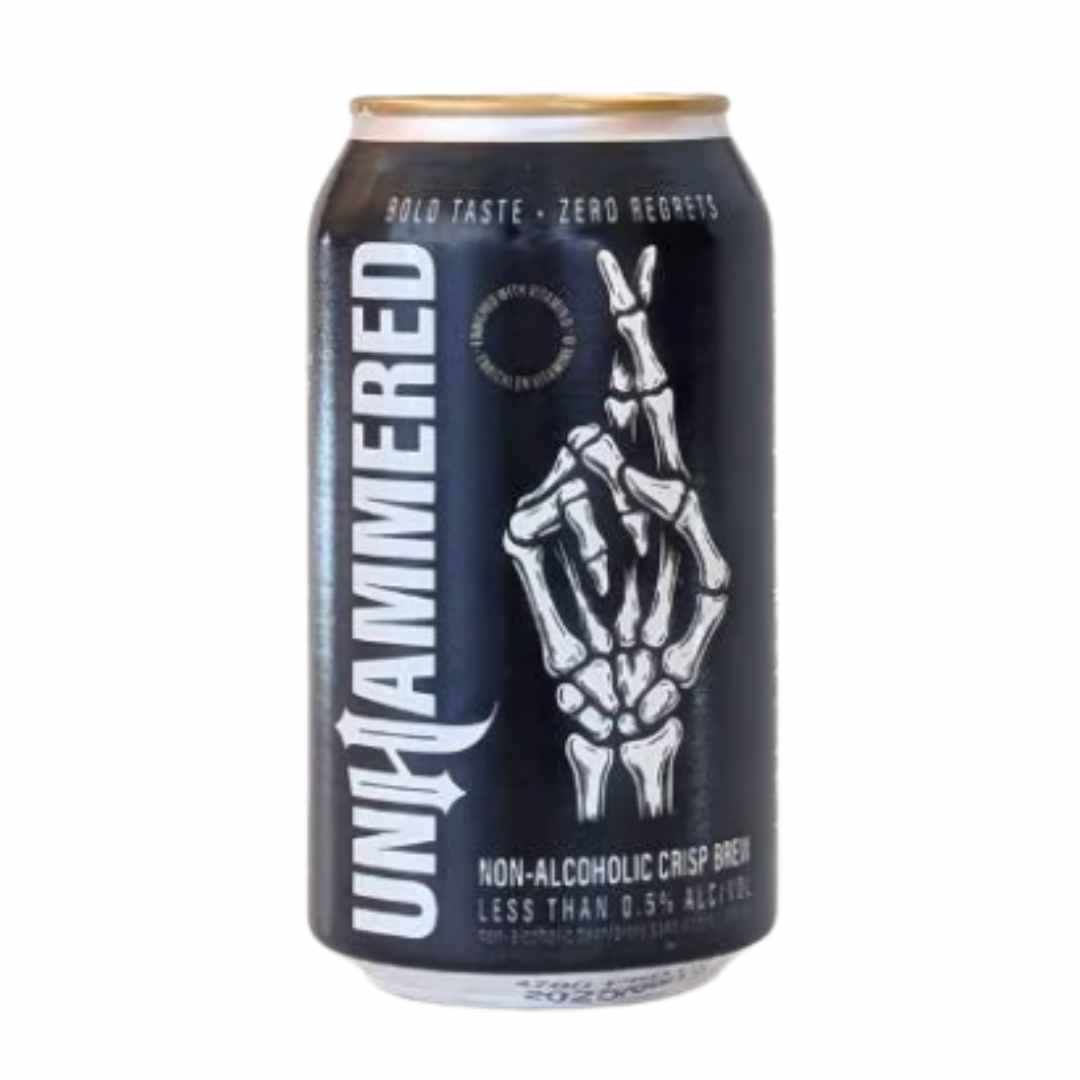 Unhammered non-alcoholic beer can with skeleton hand design on a white background