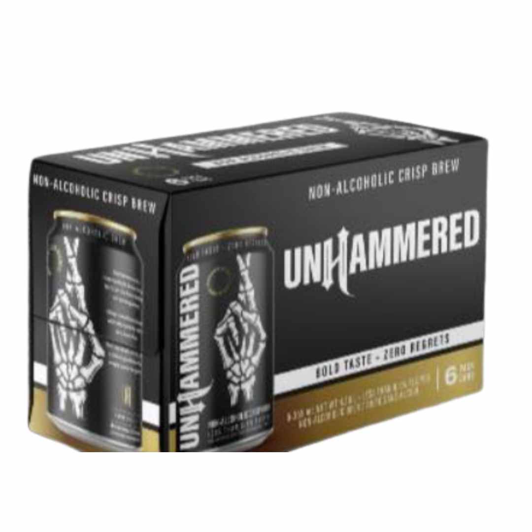 Case of Unhammered non-alcoholic beer cans on a white background