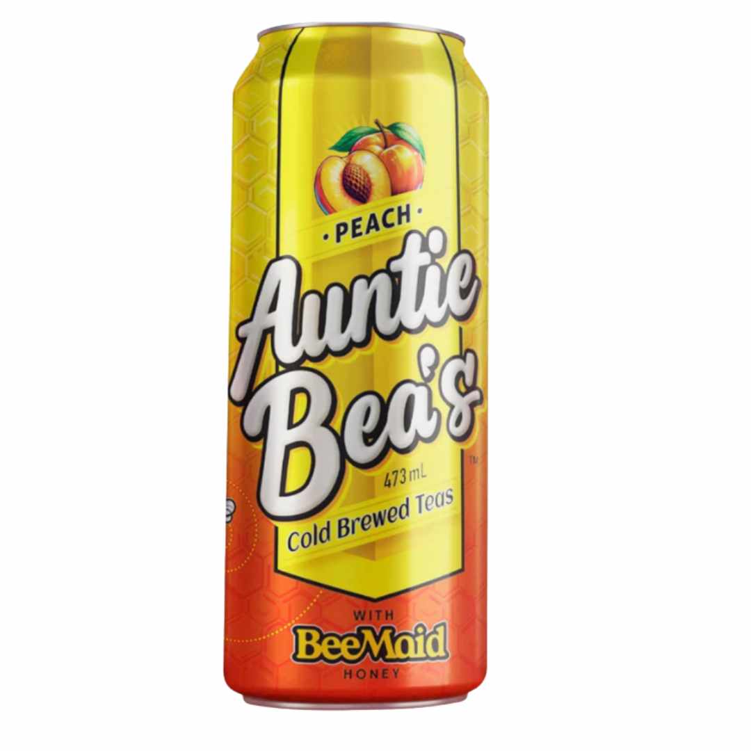 Auntie Bea's Peach Cold Brewed Tea can on a white background
