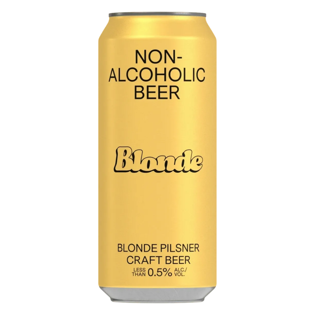 A can of BSA Non-Alcoholic Blonde Pilsner Craft Beer with yellow packaging and black text.
