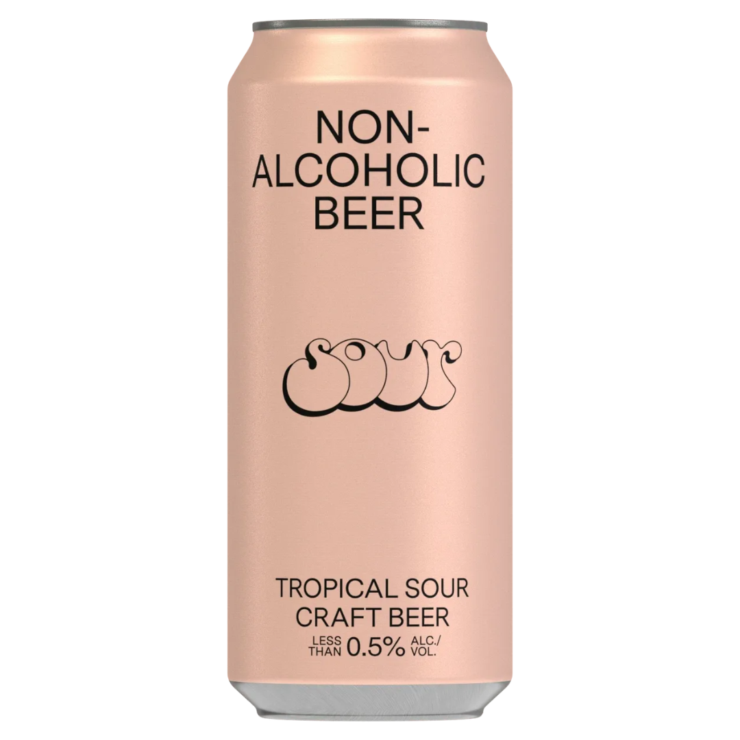 A can of BSA Non-Alcoholic Tropical Sour Craft Beer with a pink label.