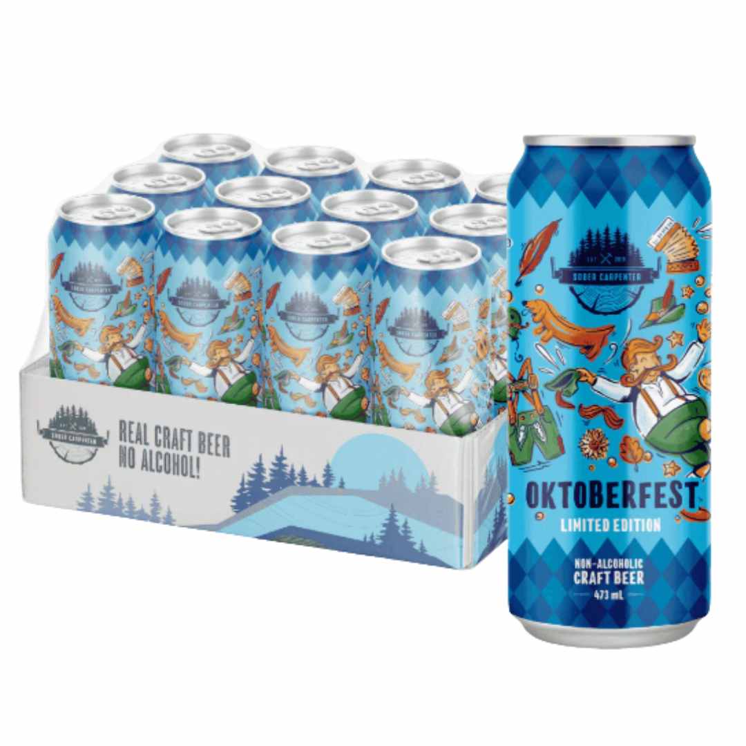 Case of 12 Sober Carpenter non-alcoholic Oktoberfest beer cans with a festive design on a white background