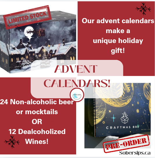 Promotional image for an Advent Calendars box with Christmas themed design, text highlighting the product features such as 24 non-alcoholic beers or mocktails, 12 dealcoholized wines, and a countdown to Christmas. There is also a 'Limited Stock' badge and a 'Pre-Order' tag.