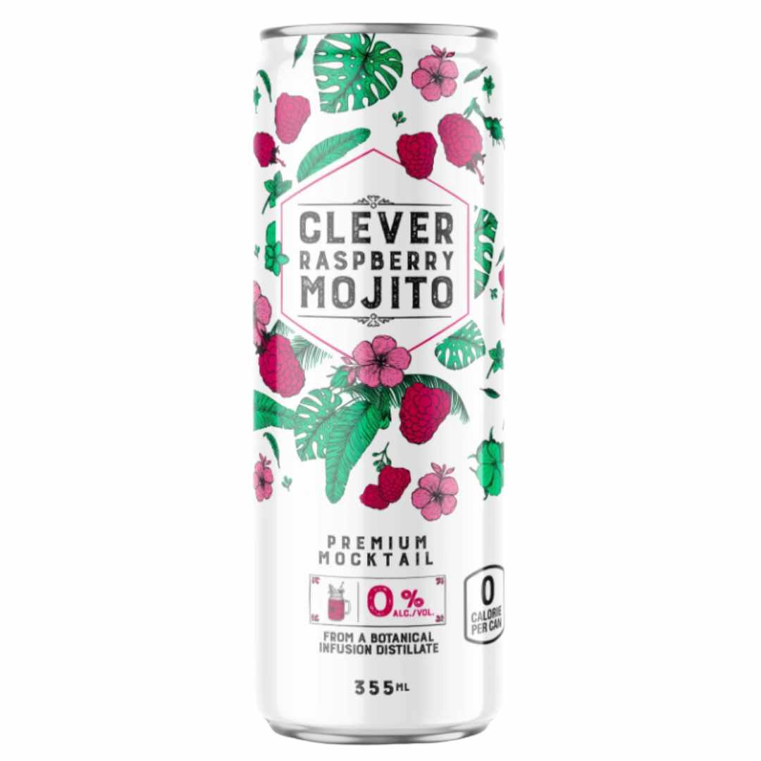 Can with tropical leaves and raspberries design and label reading Clever Raspberry Mojito Premium Mocktail