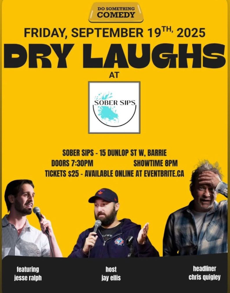 Promotional poster for 'Dry Laughs' comedy event featuring three comedians on a yellow background.