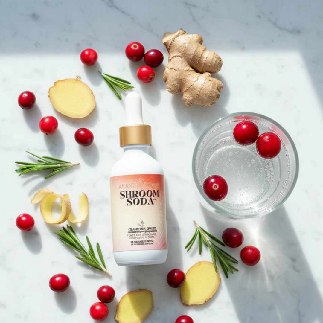 Cranberry Ginger flavoured Shroom Soda bottle with ingredients like ginger and cranberries on a light background