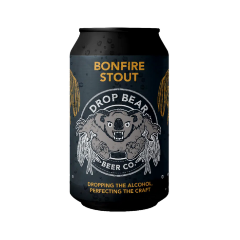 Drop Bear Bonfire Stout non-alcoholic beer can featuring a koala design, gluten-free and vegan friendly.