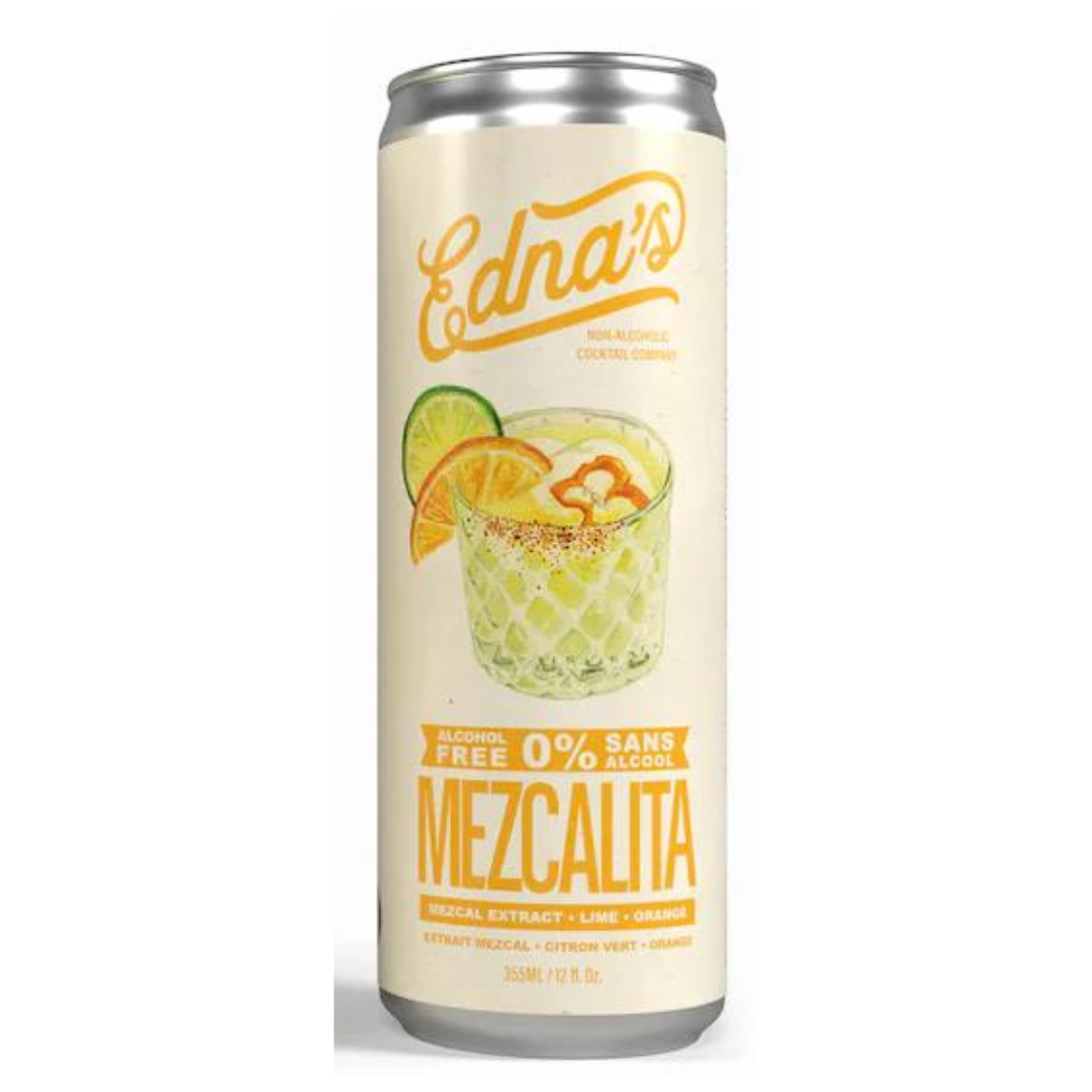 A can of Edna's Mezcalita non-alcoholic smoky margarita with a graphic of a margarita glass and a slice of lime. The can indicates it's a 0.