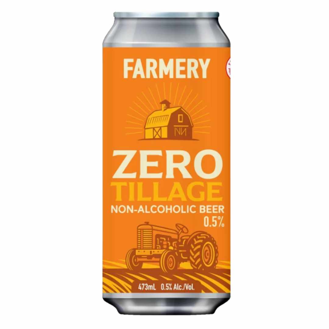 A single aluminum can of Farmery Zero Tillage non-alcoholic beer, featuring a bright orange label with a yellow barn and tractor illustration, on a plain white background.