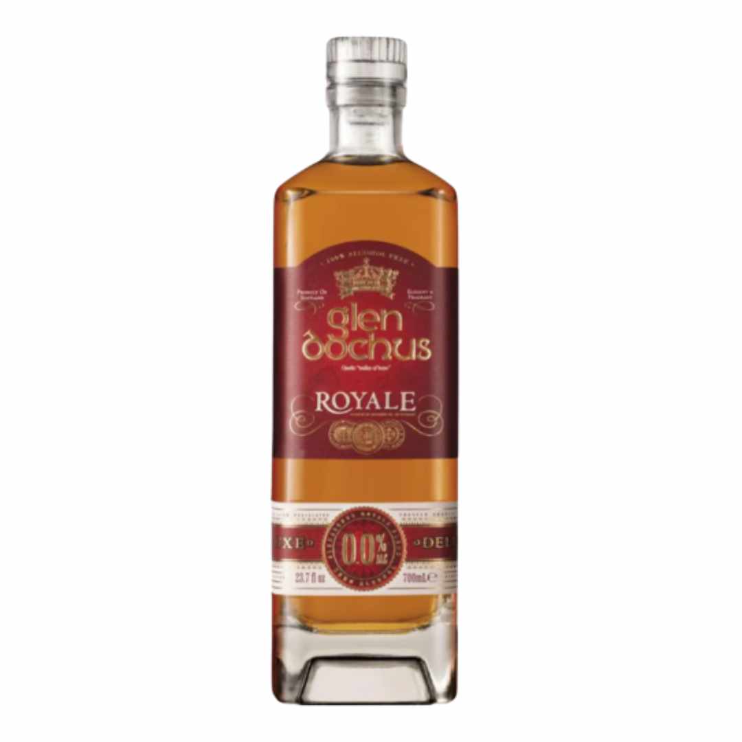 Bottle of Glen Dochus Royale non alcoholic scotch whisky with a red label on white background