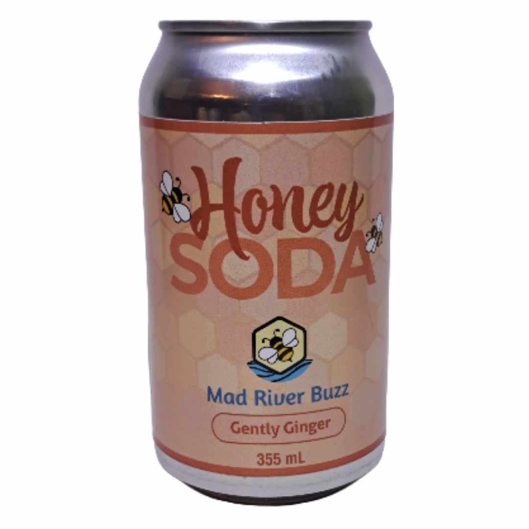 Can of Honey Soda with Mad River Buzz Gently Ginger on a white background