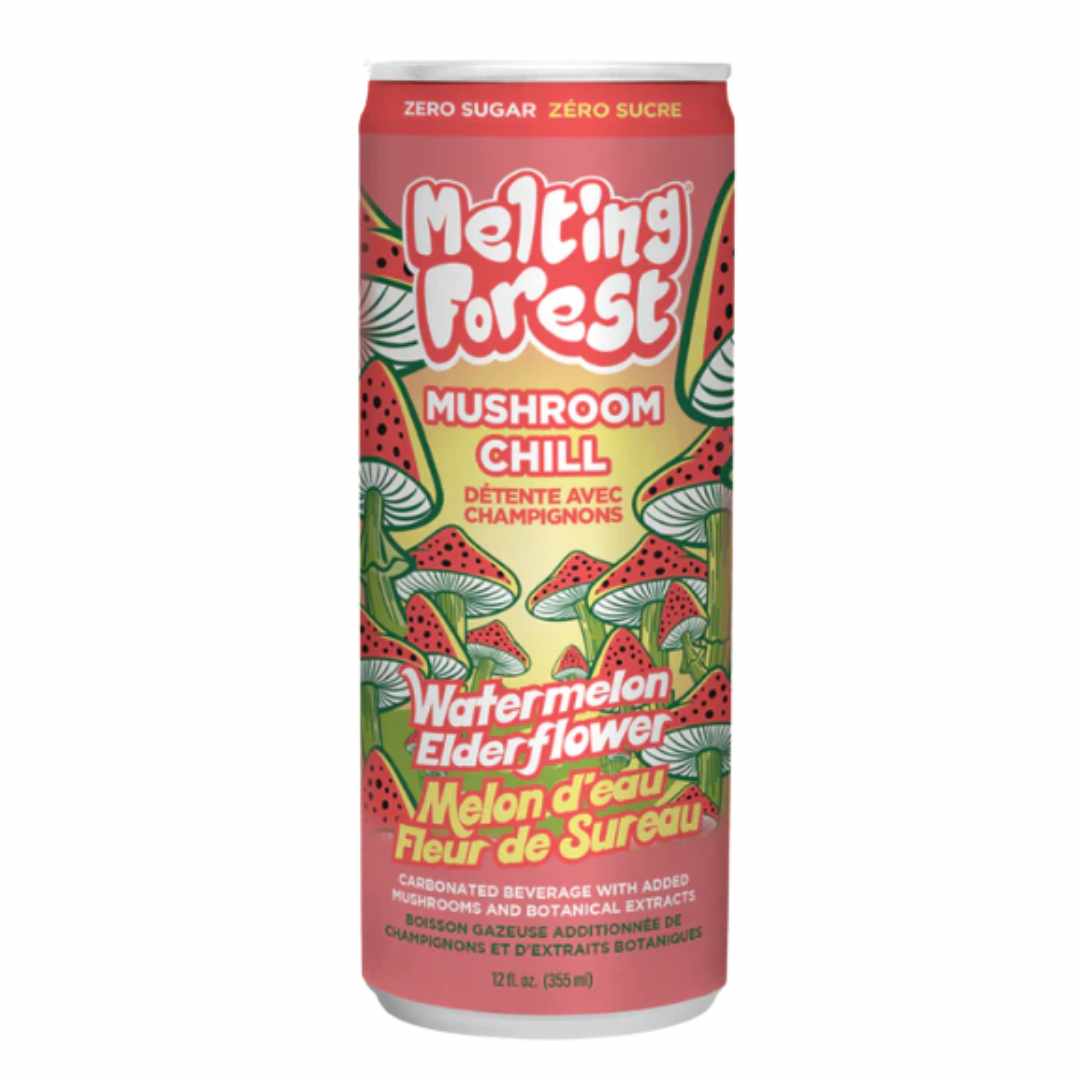 Melting Forest Mushroom Chill watermelon elderflower can on a white background