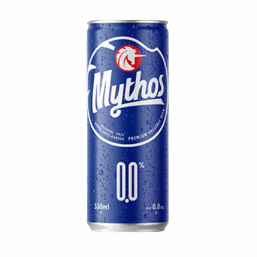Blue can of Mythos Lager alcohol-free beer on a white background