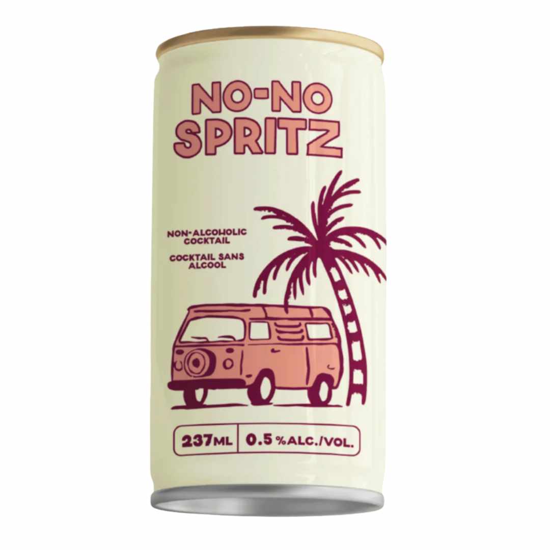 Can of No-No Spritz non-alcoholic cocktail with a palm tree and VW camper van illustration on a white background