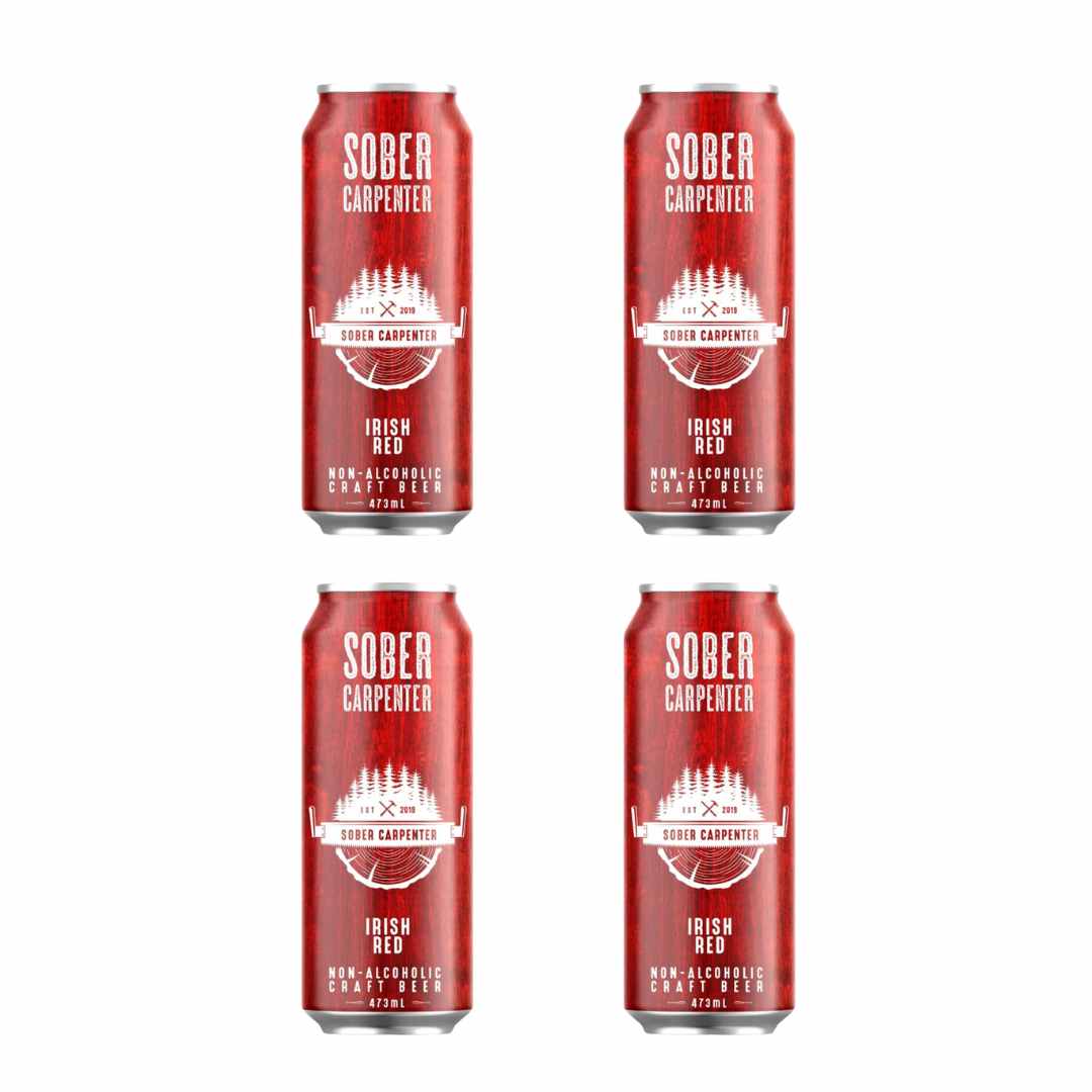 Four red cans of Sober Carpenter Irish Red non-alcoholic craft beer on a white background