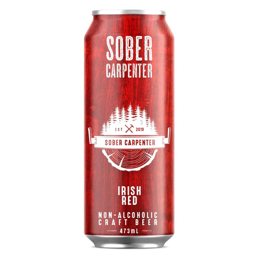 A red can of Sober Carpenter Non-Alcoholic Irish Red Craft Beer on a white background