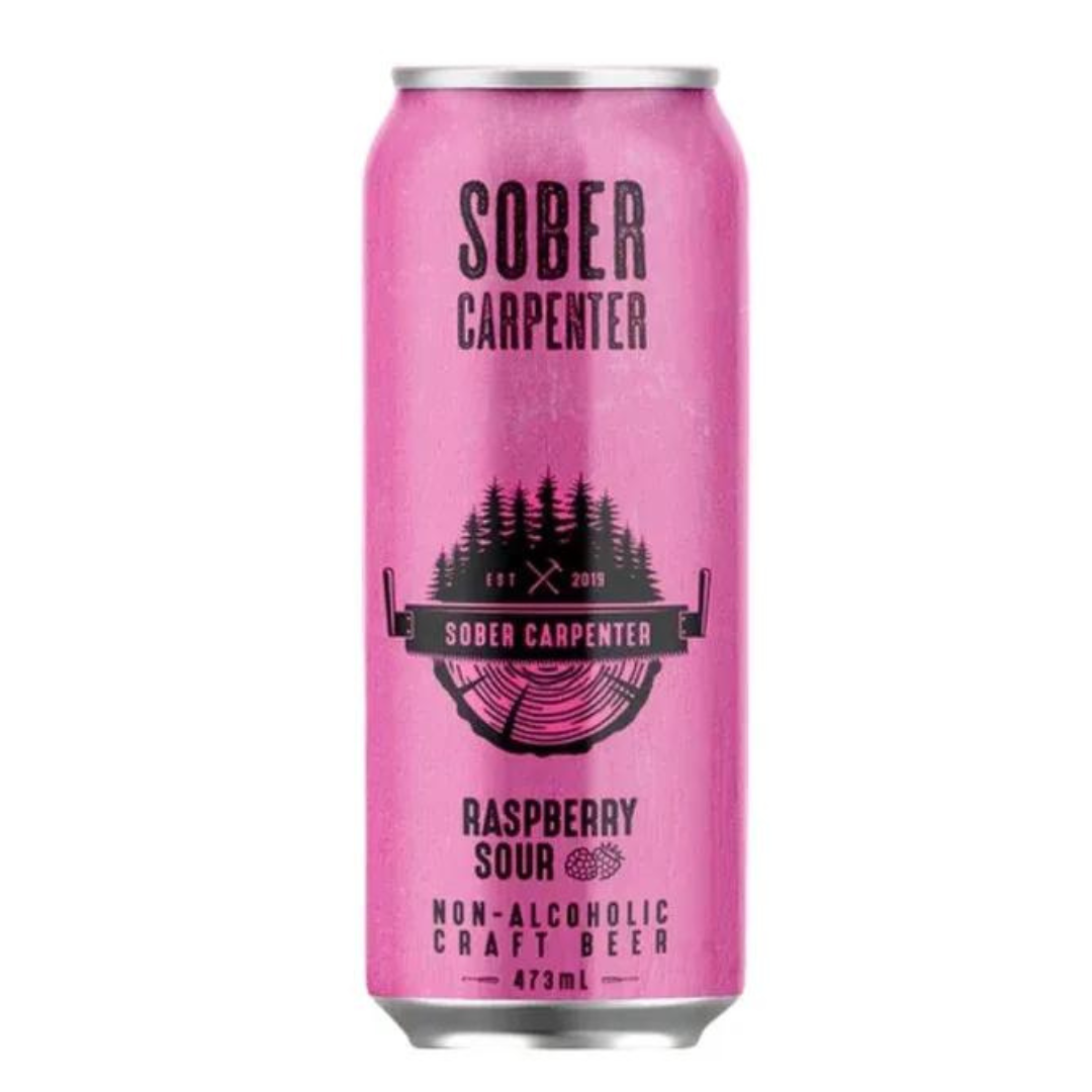 A can of Sober Carpenter Non-Alcoholic Raspberry Sour Craft Beer with a pink label and black text.