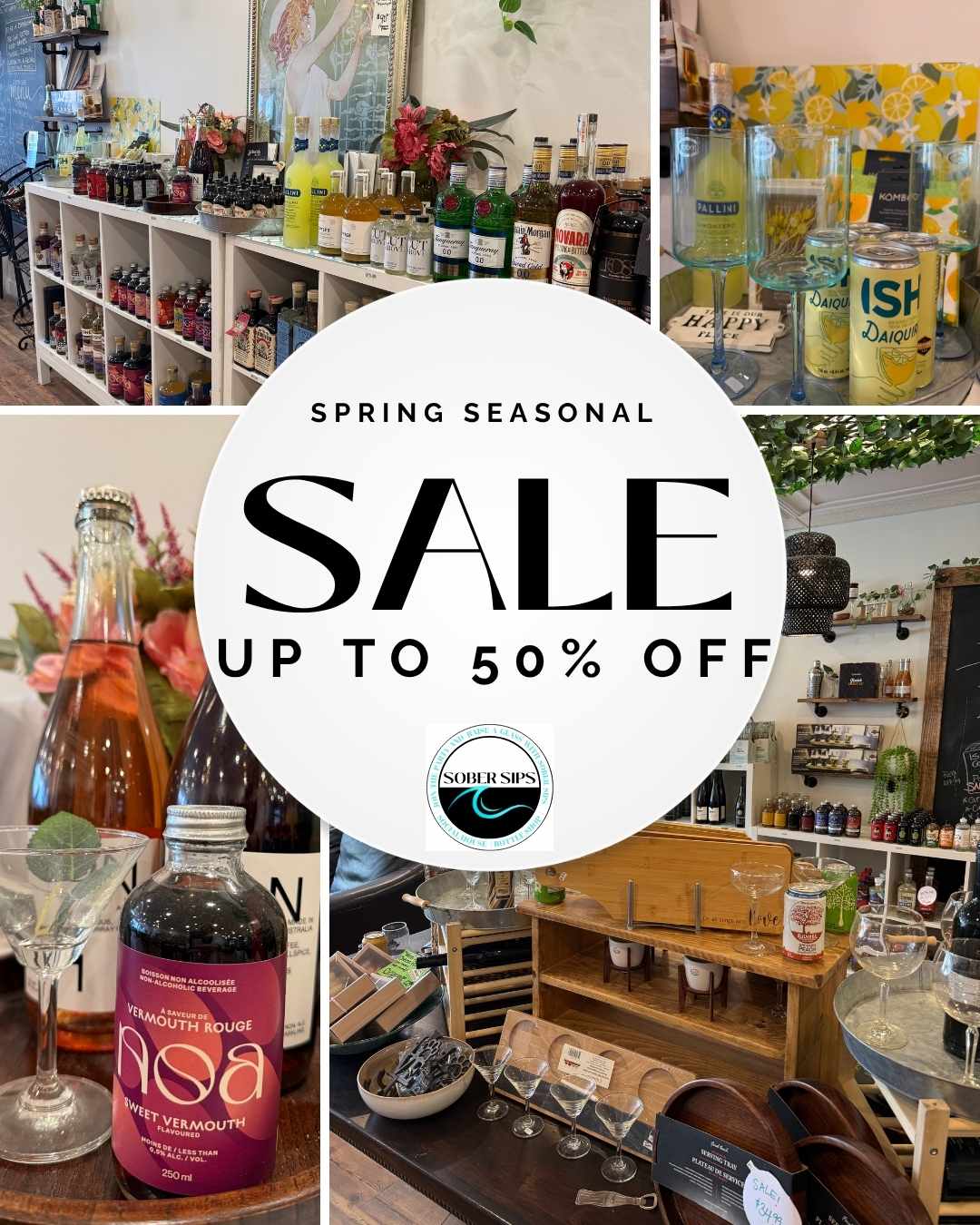 Pictures of non alcoholic drinks at Sober Sips that are on sale for up to 50% off savings