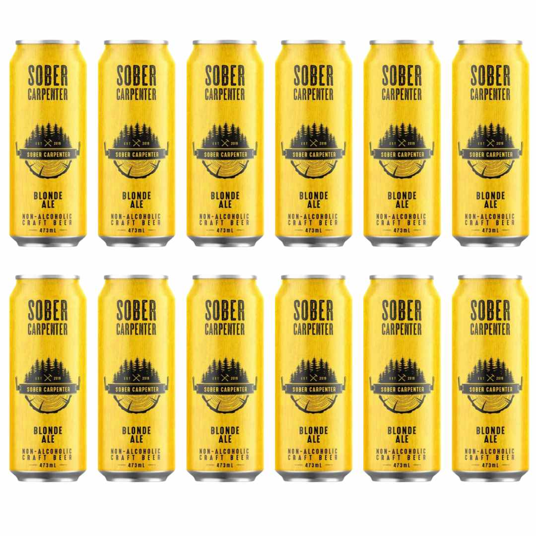 Case of 12 cans of Sober Carpenter blonde ale on a white background