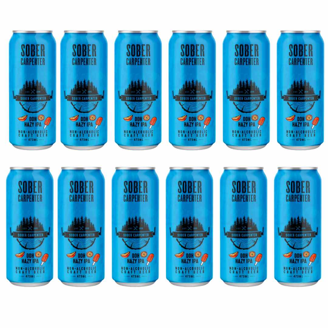 Case of 12 Sober Carpenter DDH Hazy IPA non-alcoholic beer on a white background