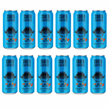 Case of 12 Sober Carpenter DDH Hazy IPA non-alcoholic beer on a white background