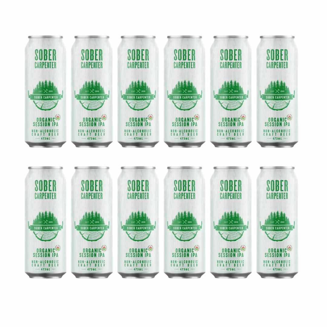 12 pack of cans of Sober Carpenter Organic Session IPA arranged in a grid on a white background.