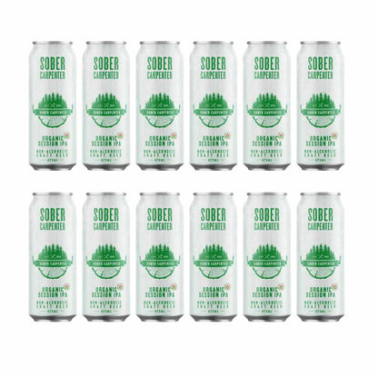 12 pack of cans of Sober Carpenter Organic Session IPA arranged in a grid on a white background.