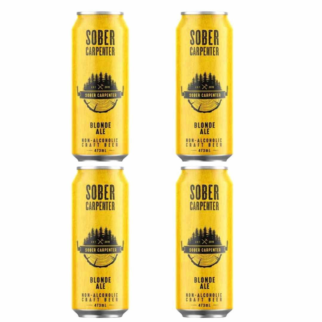 Four pack of cans of Sober Carpenter Blonde Ale on a white background