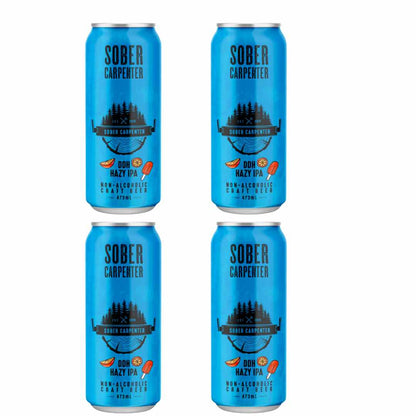 Four blue cans of Sober Carpenter DDH Hazy IPA non-alcoholic beer on a white background