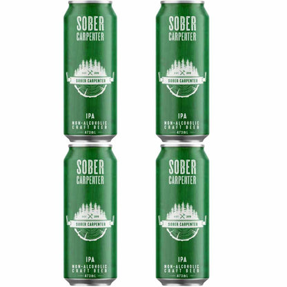 Four green cans of Sober Carpenter IPA Non-Alcoholic Craft Beer on a white background