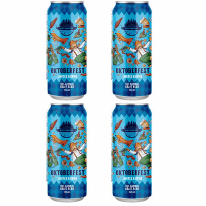 Four cans of Sober Carpenter Oktoberfest non-alcoholic craft beer on a white background