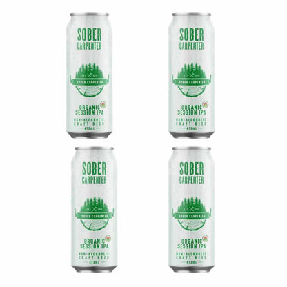 Four cans of Sober Carpenter Organic Session IPA on a white background