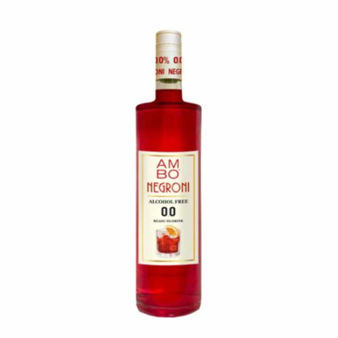 Red bottle of Ambo Negroni alcohol-free cocktail mix on a white background