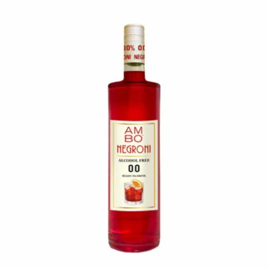 Red bottle of Ambo Negroni alcohol-free cocktail mix on a white background
