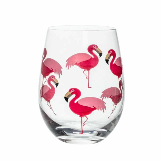 stemless wine glass with pink flamingo pattern