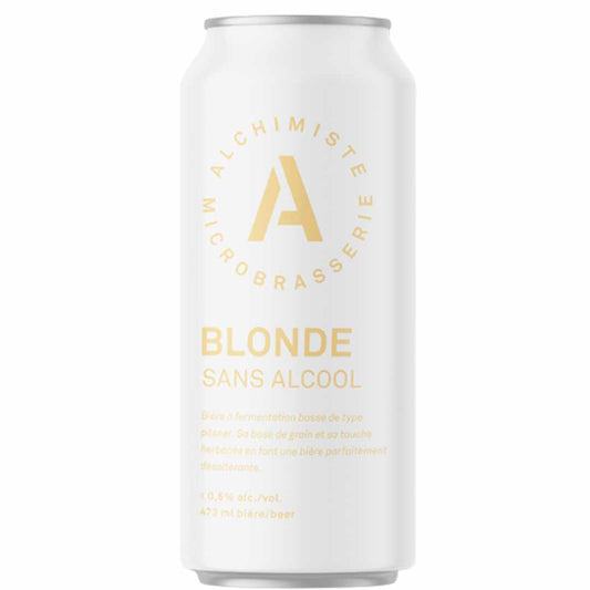 White can  of Alchimiste Blonde non alcoholic beer with gold text and logo on a white background