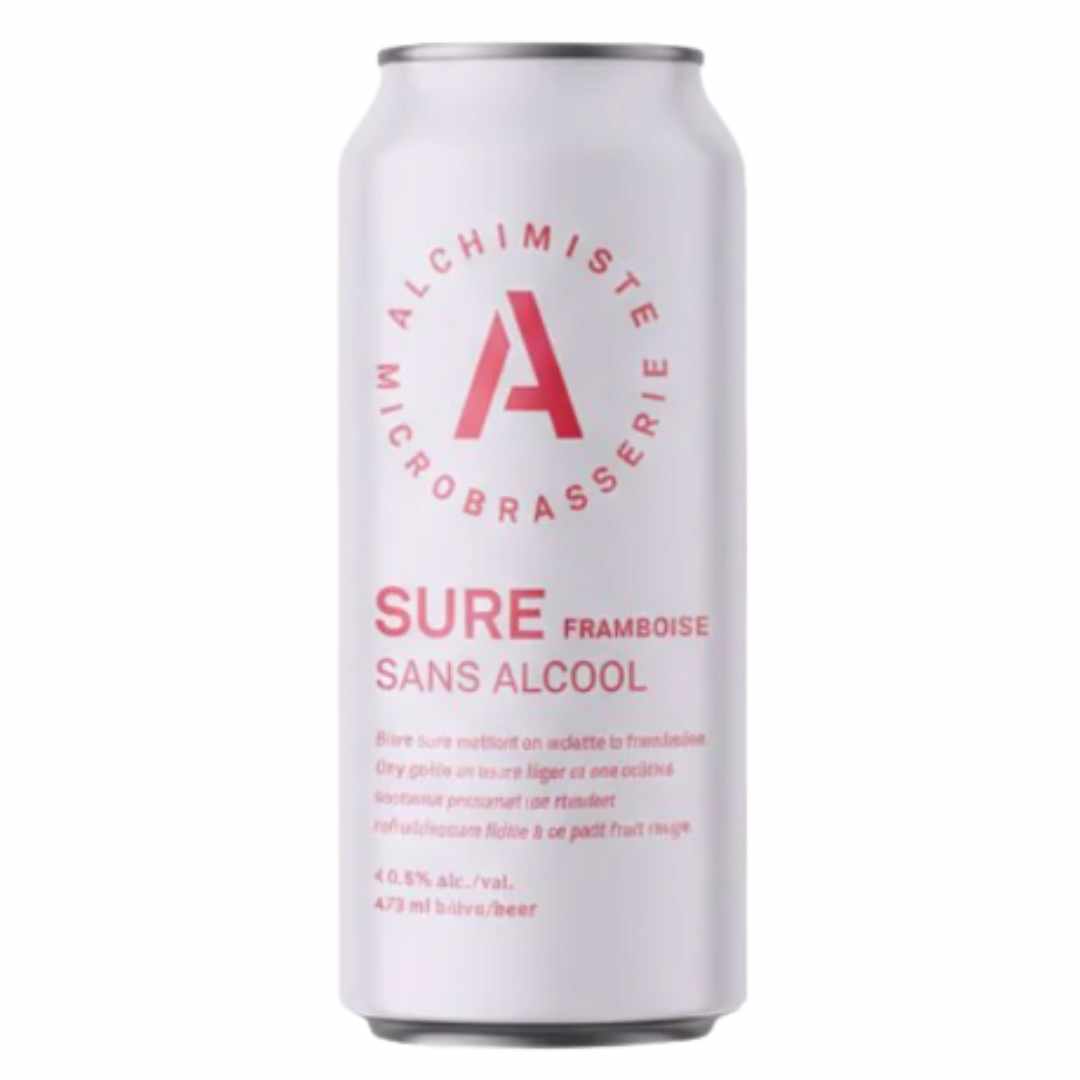 White can of Alchimiste Raspberry Sour Non Alcoholic Beer with red text and logo on a white background
